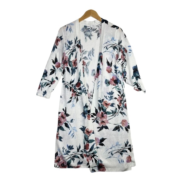 J. Jill Linen Blend White Floral Print Open Front Duster Cardigan‎ Size Small - Picture 2 of 10